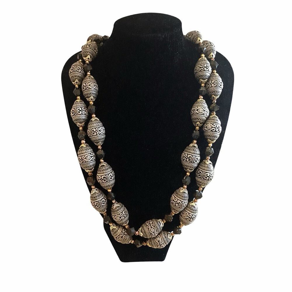 Batik Bone Bead Tribal Facet Blue Brass Clasp Tibetan Boho Statement Necklace